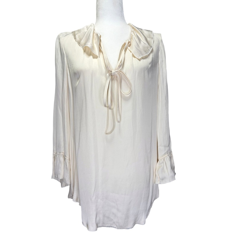 Raquel Allegra Ruffle Neck Tie Top Cream 3/4 Sleeve Blouse Y66-6467 Size M NWT